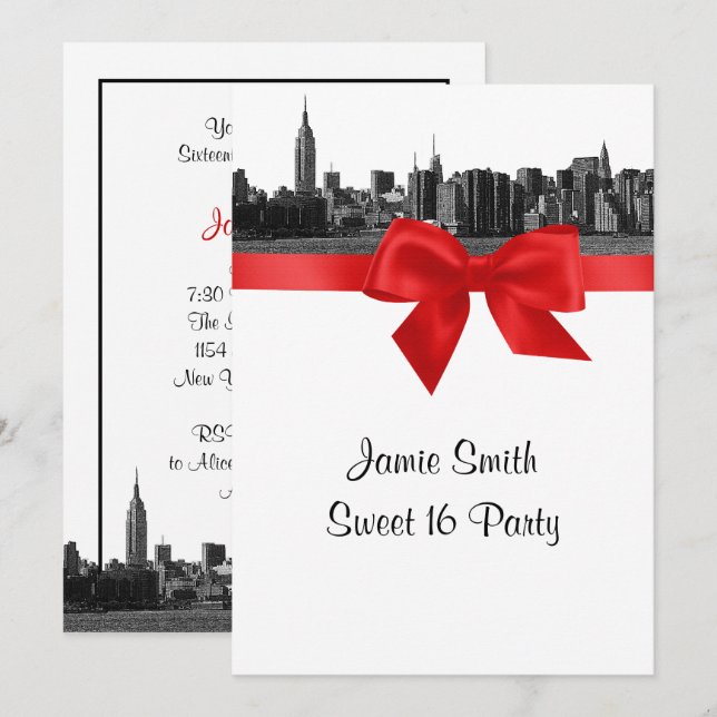 Invitación NYC Ancho Skyline Etched BW Dulce Rojo Dieciséis (Anverso / Reverso)