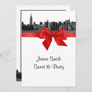 Invitación NYC Ancho Skyline Etched BW Dulce Rojo Dieciséis