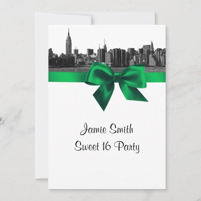 Invitación NYC Ancho Skyline Etched BW Green Sweet Dieciséis (Anverso)