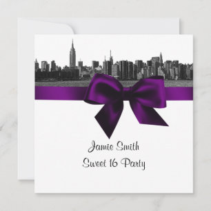 Invitación NYC Ancho Skyline Etched BW Morado Sweet Dieciséis