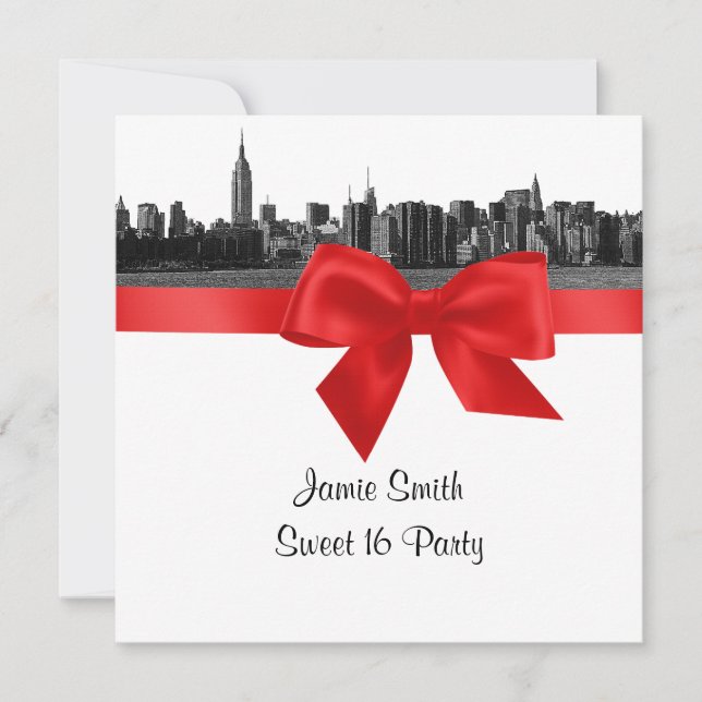 Invitación NYC Ancho Skyline Etched BW Red Sweet Dieciséis SQ (Anverso)