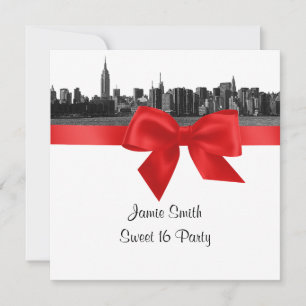 Invitación NYC Ancho Skyline Etched BW Red Sweet Dieciséis SQ