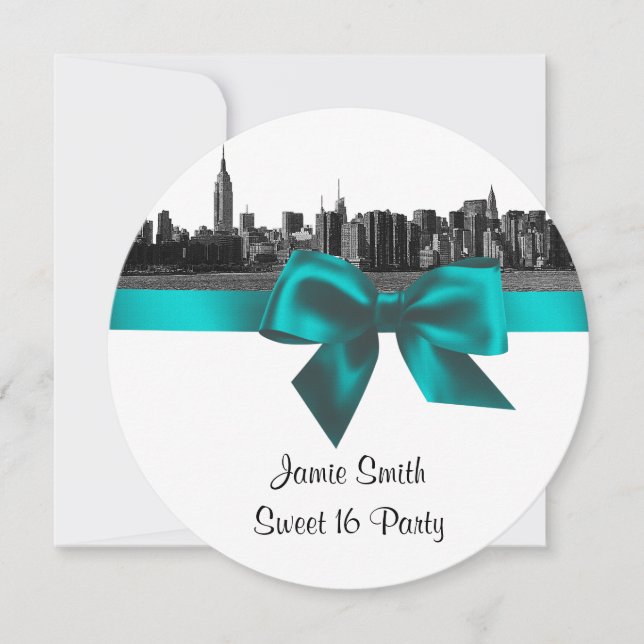 Invitación NYC Ancho Skyline Etched BW Verde azulado Sweet Di (Anverso)