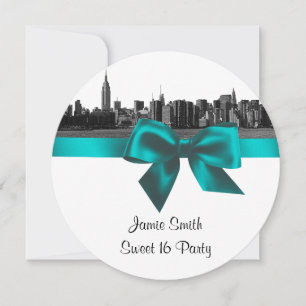 Invitación NYC Ancho Skyline Etched BW Verde azulado Sweet Di
