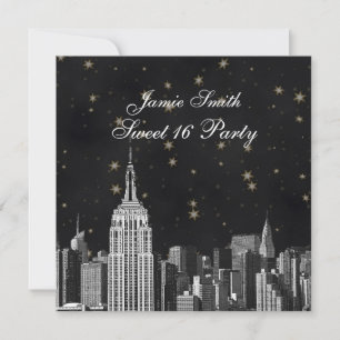 Invitación NYC ESB Silueta Etched Negra Estrellada Dulce 16