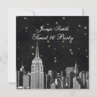 Invitación NYC ESB Silueta Etched Negra Estrellada Dulce 16