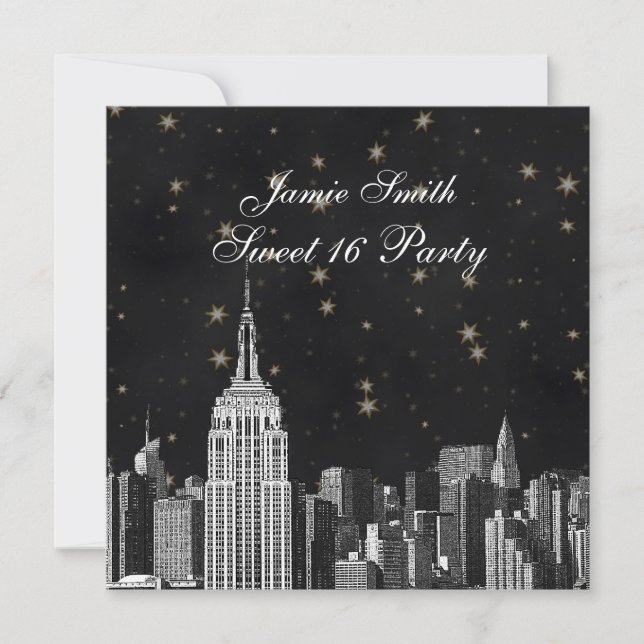 Invitación NYC ESB Silueta Etched Negra Estrellada Dulce 16 (Anverso)