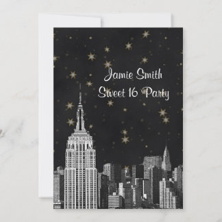 Invitación NYC ESB Silueta Grabada Estrella Negra Dulce 16 V