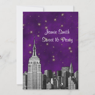 Invitación NYC ESB Silueta urbana grabada púrpura estrellada 