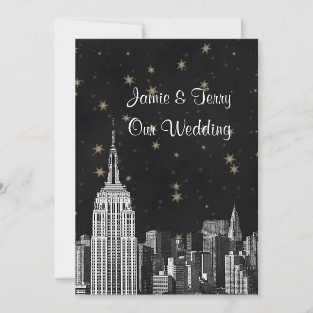 Invitación NYC ESB Skyline Etched Black Starry Boda (Anverso)