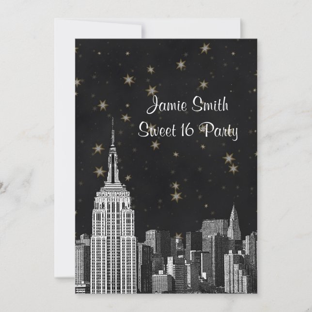 Invitación NYC ESB Skyline Etched Black Starry Sweet 16 V (Anverso)