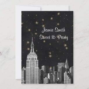 Invitación NYC ESB Skyline Etched Black Starry Sweet 16 V