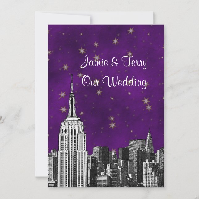 Invitación NYC ESB Skyline Etched Purple Starry Boda (Anverso)