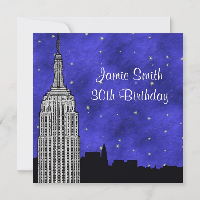 Invitación NYC ESB Skyline Silhouette Blue Starry BG Birday (Anverso)