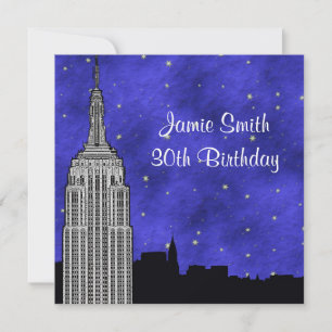 Invitación NYC ESB Skyline Silhouette Blue Starry BG Birday