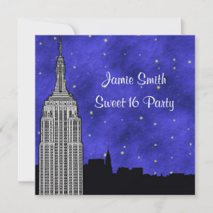 Invitación NYC ESB Skyline Silhouette Blue Starry BG Sweet 16