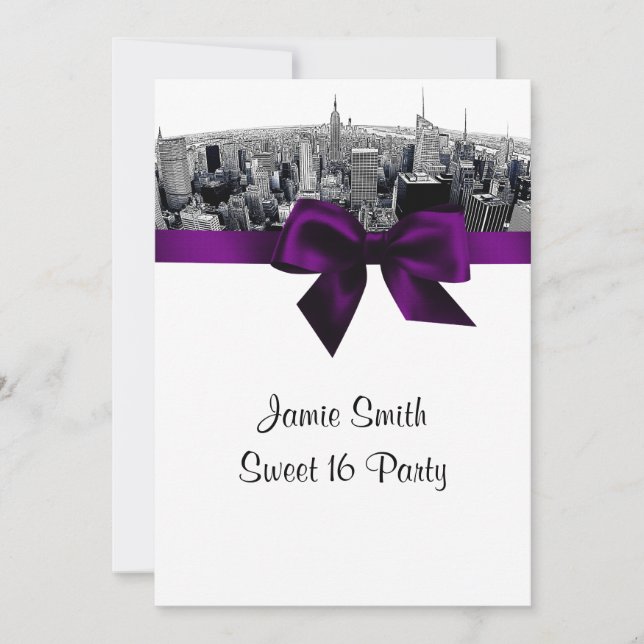 Invitación NYC Etched Fisheye Skyline BW Purple Sweet 16 (Anverso)