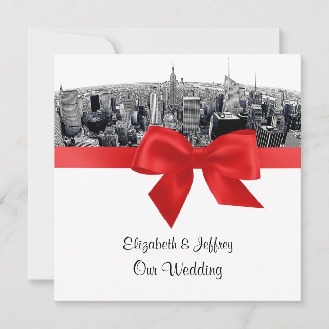 Invitación NYC Etched Fisheye Skyline BW Red Boda SQ (Anverso)