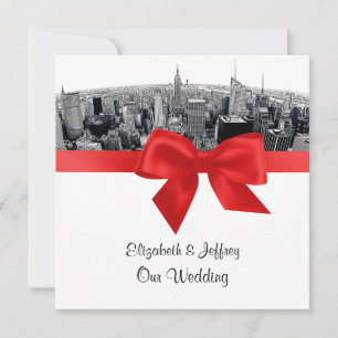 Invitación NYC Etched Fisheye Skyline BW Red Boda SQ
