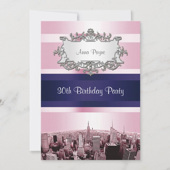Invitación NYC Etched Skyline 2 Pink BG, Blue Ribbon Birday (Anverso)