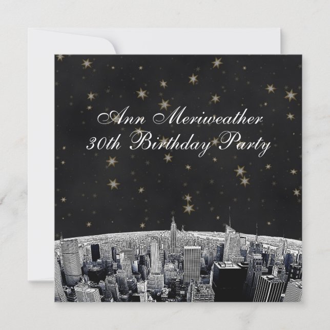 Invitación NYC Etched Skyline Black Gold Stars Cumpleaños (Anverso)
