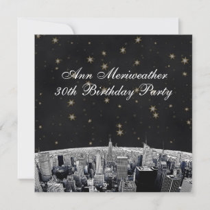 Invitación NYC Etched Skyline Black Gold Stars Cumpleaños