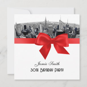 Invitación NYC Grabado Horizonte Ojo de Pez BN Rojo Cumpleaño