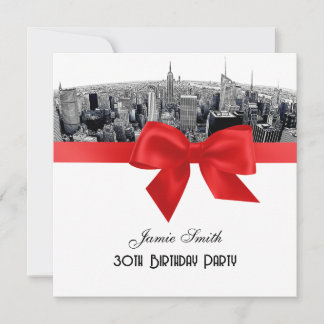 Invitación NYC Grabado Horizonte Ojo de Pez BN Rojo Cumpleaño