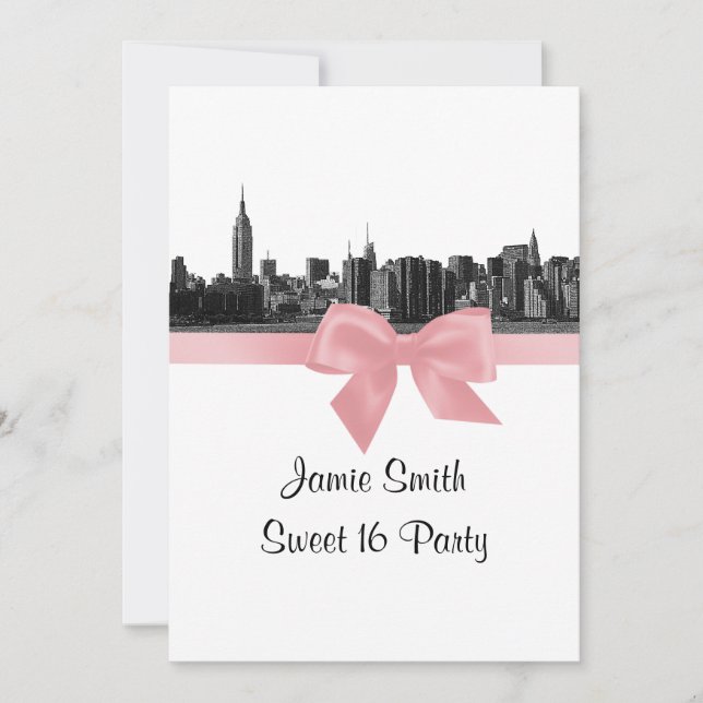 Invitación NYC Línea ancha Etched BW Dulce Rosa Dieciséis (Anverso)