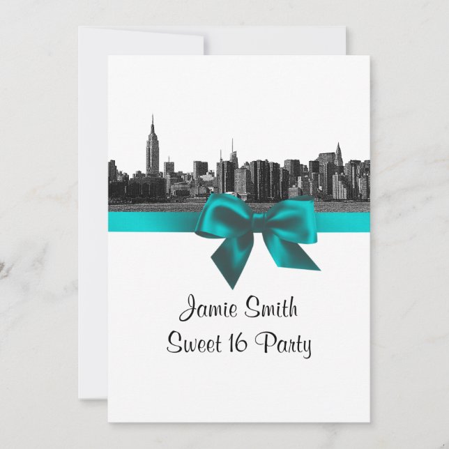 Invitación NYC Línea ancha Etched BW Verde azulada Sweet Diec (Anverso)
