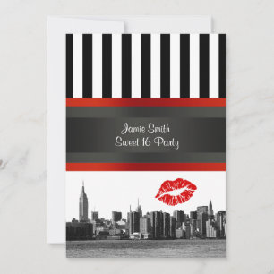 Invitación NYC Silueta Bk Wht Franja Beso Rojo Fiesta Dulces