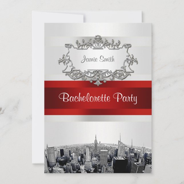 Invitación NYC Silueta Grabada 2, Blanco, Lazo Rojo Despedida (Anverso)