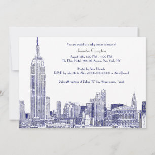 Invitación NYC Skyline 01 Etched Wht Baby Shower Blue