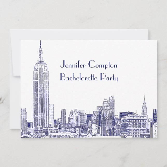 Invitación NYC Skyline 01 Etched Wht Bachelorette Party Blue (Anverso)
