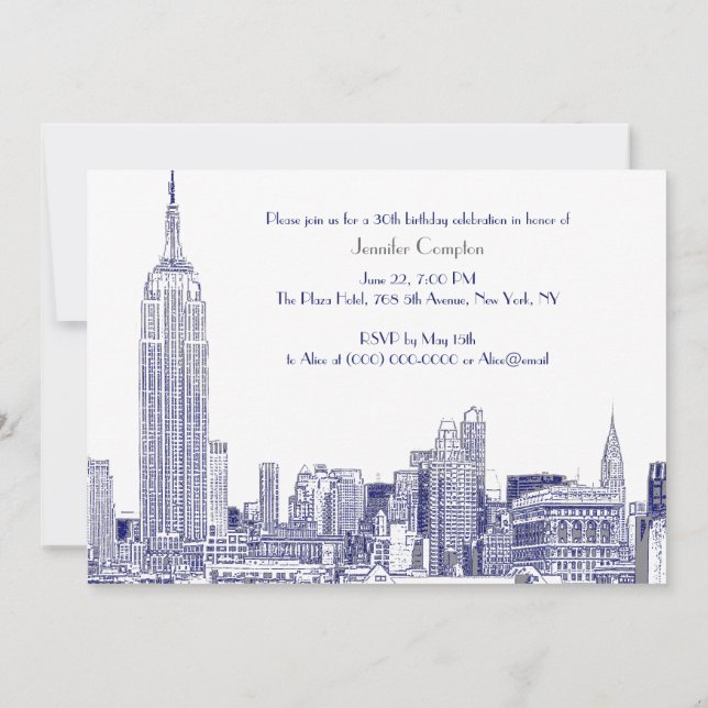 Invitación NYC Skyline 01 Etched Wht Birthday Party Blue (Reverso)