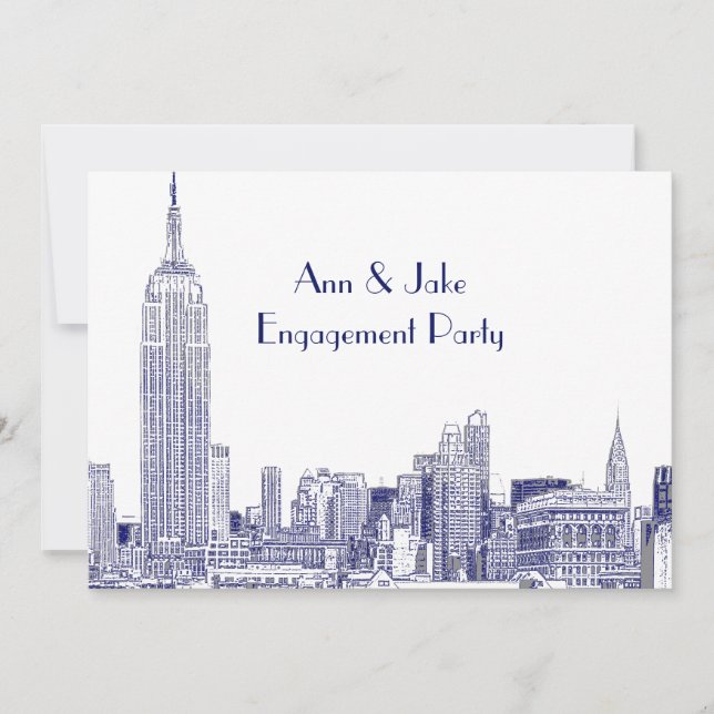 Invitación NYC Skyline 01 Etched Wht Engagement Party Blue (Anverso)