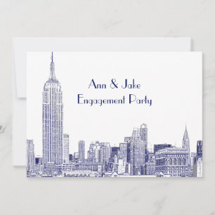 Invitación NYC Skyline 01 Etched Wht Engagement Party Blue