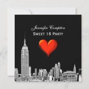 Invitación NYC Skyline 01 Grabado de fondo de color SQ Sweet