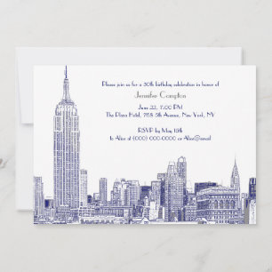Invitación NYC Skyline 01 Grabado Wht Cumpleaños Azul