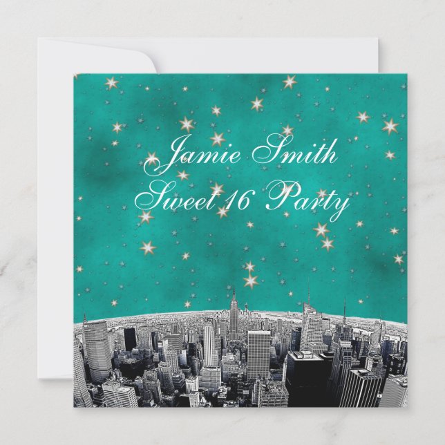 Invitación NYC Skyline 2 Verde azulada Gold Star Sweet 16 (Anverso)
