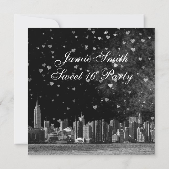 Invitación NYC Skyline Black BG White Heart Sweet 16 (Anverso)