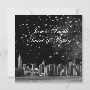 Invitación NYC Skyline Black BG White Heart Sweet 16