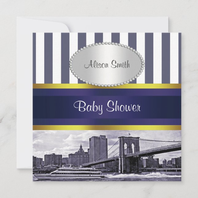 Invitación NYC Skyline Brooklyn Bridge Blue White Baby Shower (Anverso)
