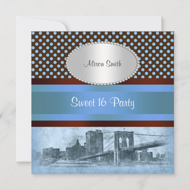 Invitación NYC Skyline Brooklyn Bridge Boat 4 Sweet 16 (Anverso)