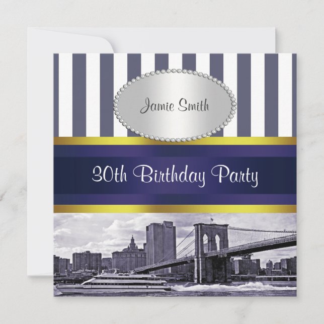 Invitación NYC Skyline Brooklyn Bridge, Boat Blue Wt Birthday (Anverso)