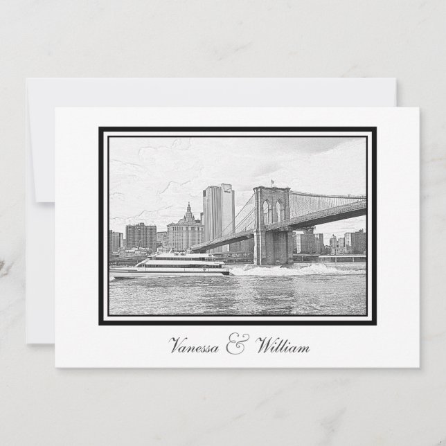 Invitación NYC Skyline Brooklyn Bridge Boat BW Etchd Boda (Anverso)