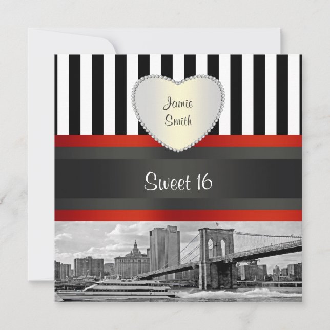 Invitación NYC Skyline Brooklyn Bridge Boat Sweet 16 H Invite (Anverso)