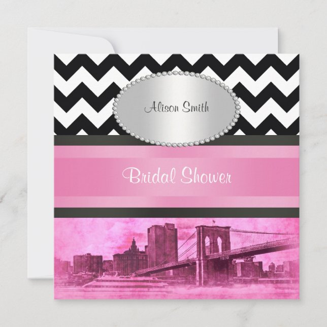 Invitación NYC Skyline Brooklyn Bridge BW Pnk P Bridal Shower (Anverso)