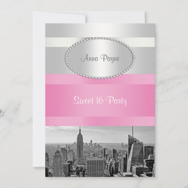 Invitación NYC Skyline BW 05 Blanco, Dulce Rosa 16 Fiesta (Anverso)