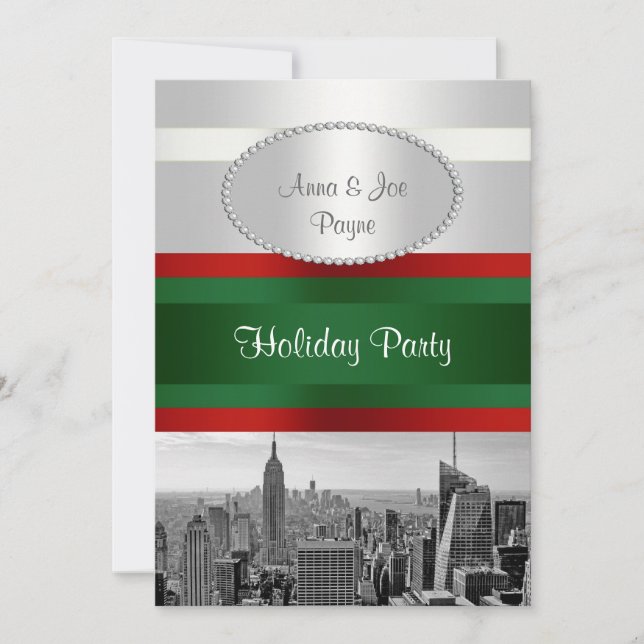 Invitación NYC Skyline BW 05 Blanco, Rojo Verde Navidad (Anverso)